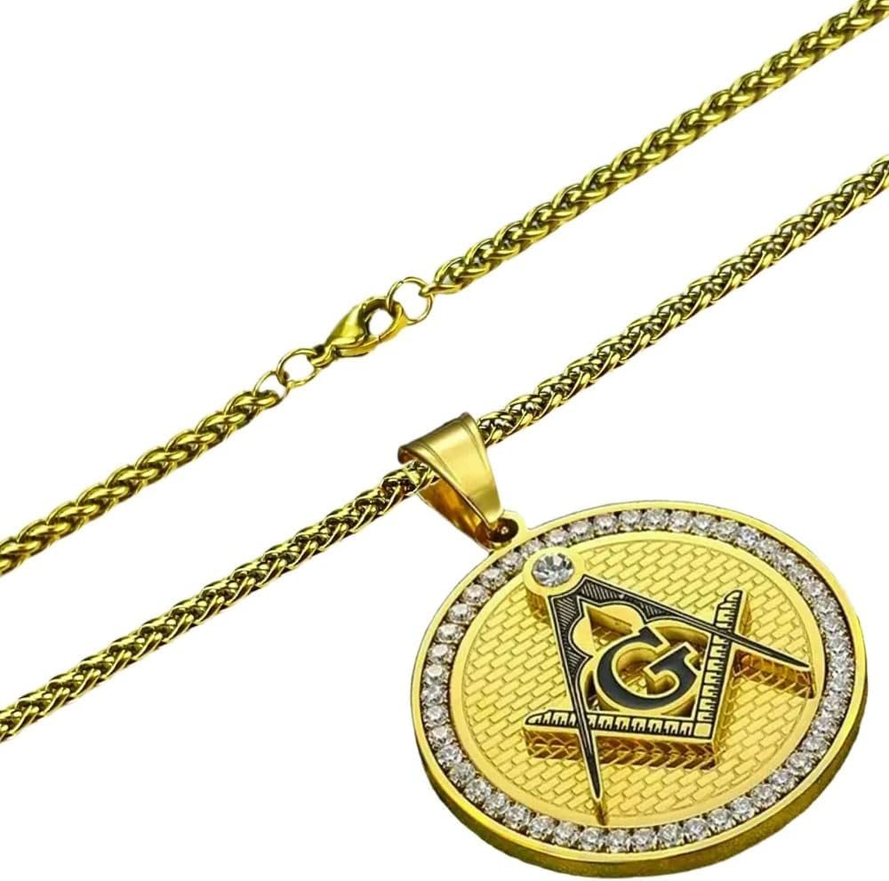 Masonic Symbol Necklace Men's Punk Rock Retro Stainless Steel Inlaid Rhinestone Masonic Round Pendant Amulet Jewelry