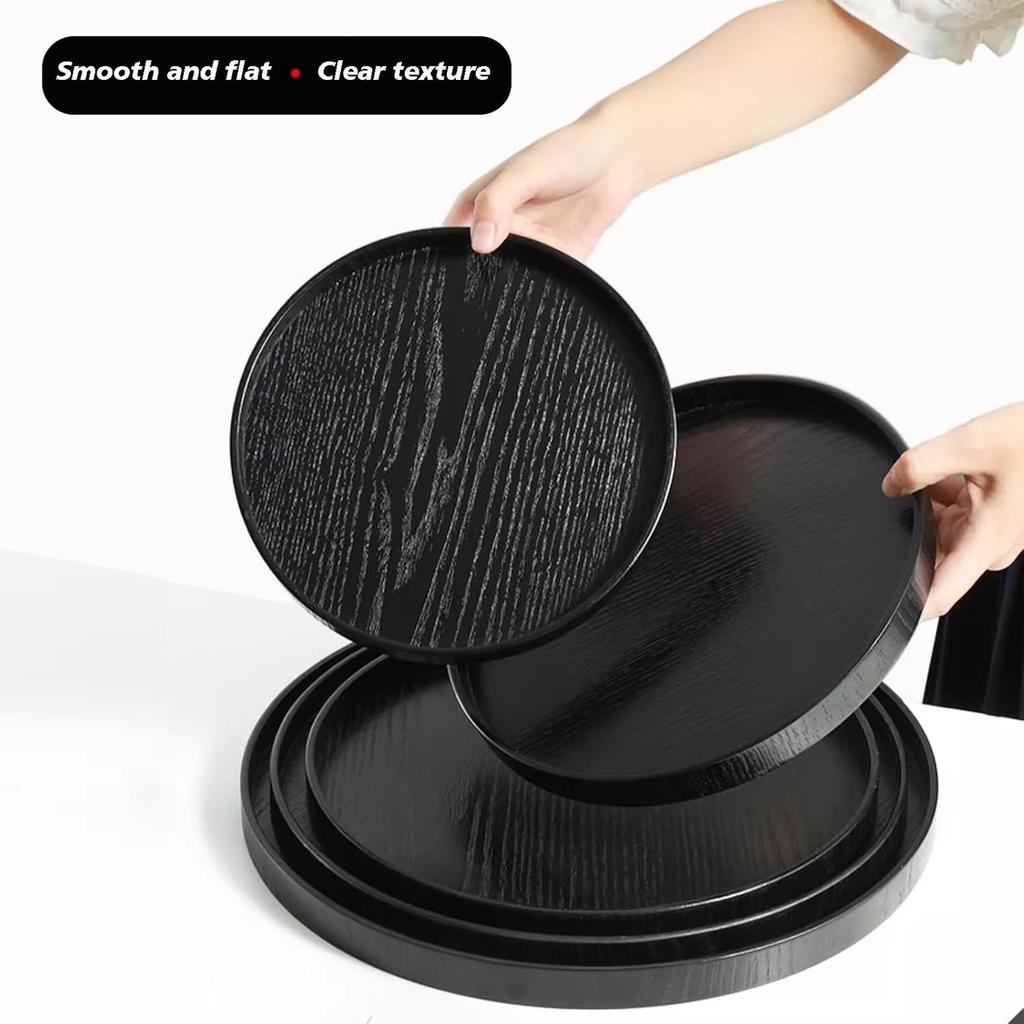 Round Wood Serving Tray, Solid Wooden Decorative Tray Non-Slip Tea Coffee Table Tray Snack Plate Food Meals Serving Tray with Raised Edges for Home