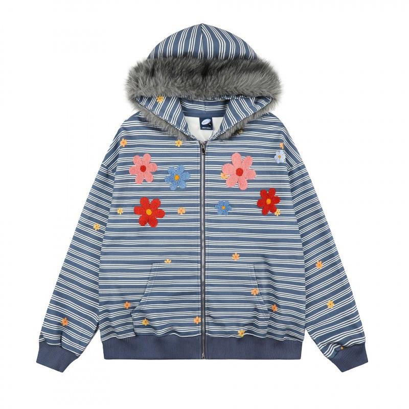 Unisex Retro Floral Stripe Hooded Zip-Up Sweatshirt Oversized Streetwear Pullover Youth