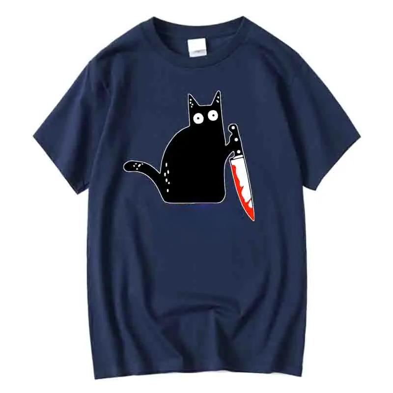 Funny Cartoon Knife Cat Printed T-Shirts Men Fashion Casual Short Sleeves Loose Breathable Pure Cotton T-shirts