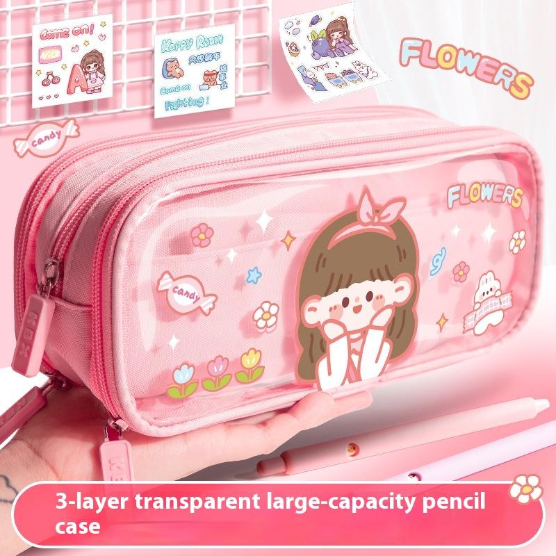 Super Large Capacity Cute Cartoon Canvas Pencil Case High Color Value Primary School Stationery Bag Transparent Plastic Material
