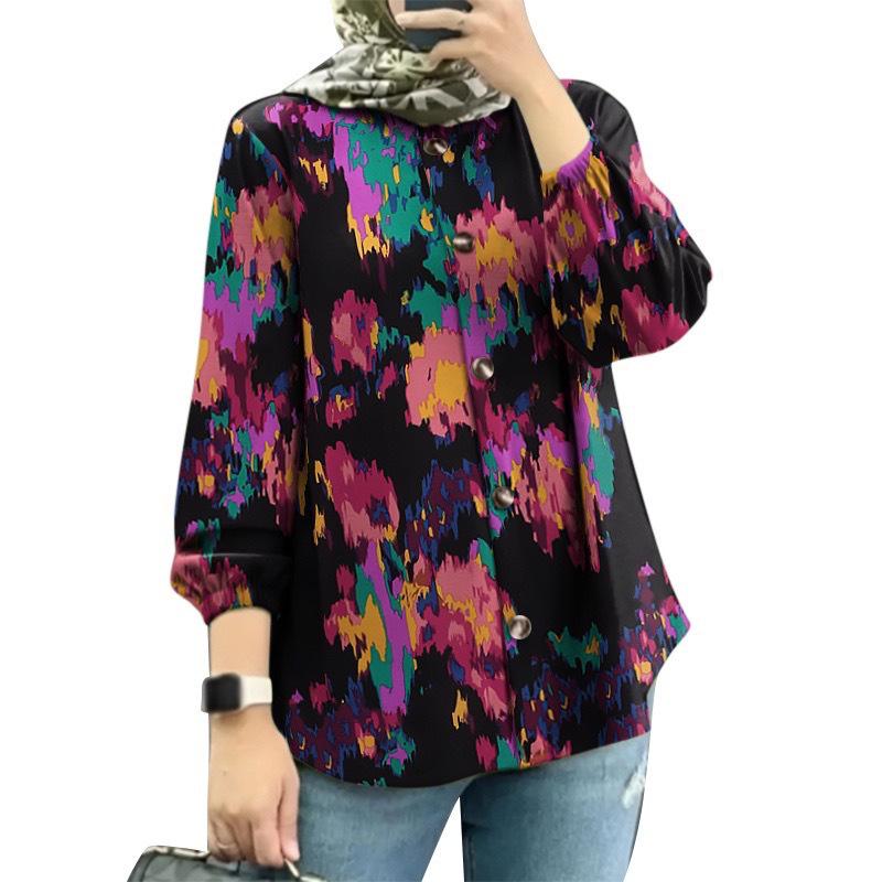 Women s Floral Puff Sleeve Muslim Shirt - New Arrival M чёрный