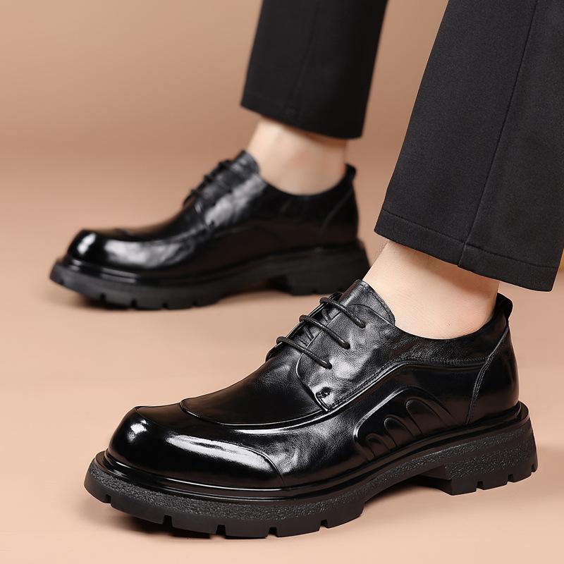 Top Layer Cowhide New Men's Formal Business Leather Shoes High-end Light Luxury Big Head Thick Soled Men's Shoes Trendy Lace Up Single Shoes