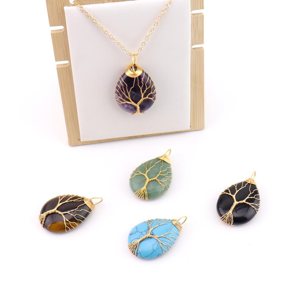 Natural Crystal Water Drop Necklace Pendant Female Leaf Diy Tree Of Life Alloy Woven Jewelry Accessories N749