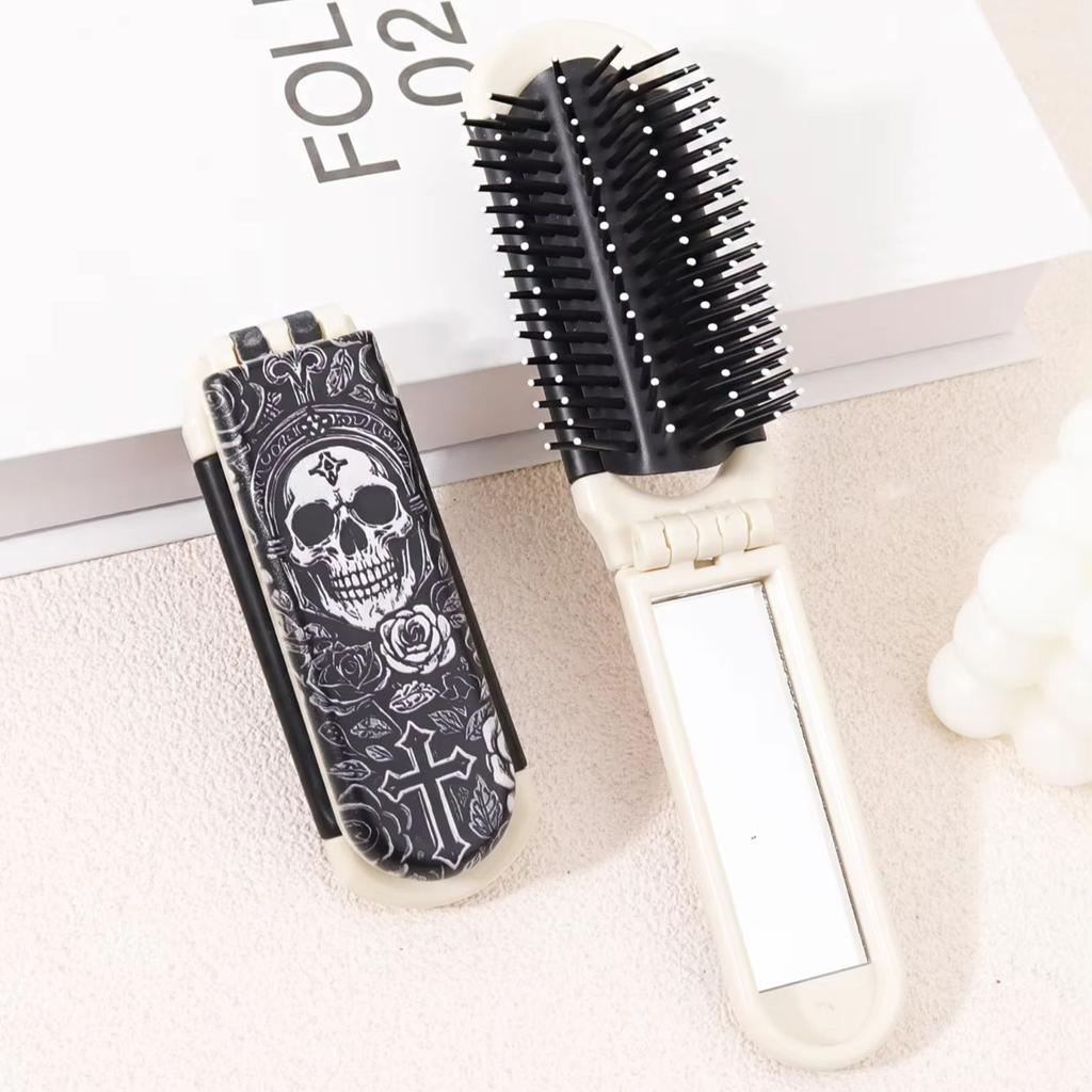 1pc Skeleton Flower Cross Pattern Folding Haircomb with Built in Mirror for Gentle Combing and Styling