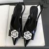 Fashion Sexy Pointed Toe Patent Leather Kitten Heel Sandals Women Luxury Rhinestone Flower Women Pumps Elegant Low Heel Slingbacks Heels