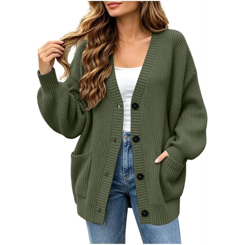 Womens Knit Cardigan 2026 Fall Loose Fit V Neck Single Breasted Sweater CasualPreppy StyleWomens Preppy Style