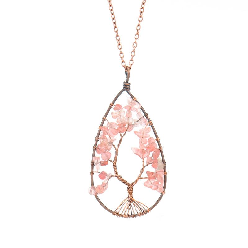 Ancient Red Copper Winding Natural Stone Crystal Water Drop Shaped Tree Of Life Necklace Colorful Stone Pendant N29