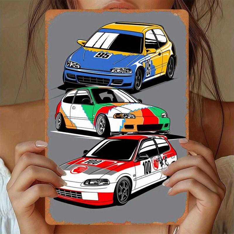 Racing Car Retro Style Metal Decorative Painting for Garage Room Decor