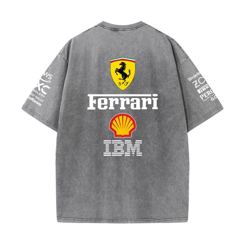 Vintage Washed Black Ferrari F1 Racing T Shirt Oversized Short Sleeve Tee Retro Motorsport Sponsor Logo Print Casual Streetwear Loose Top