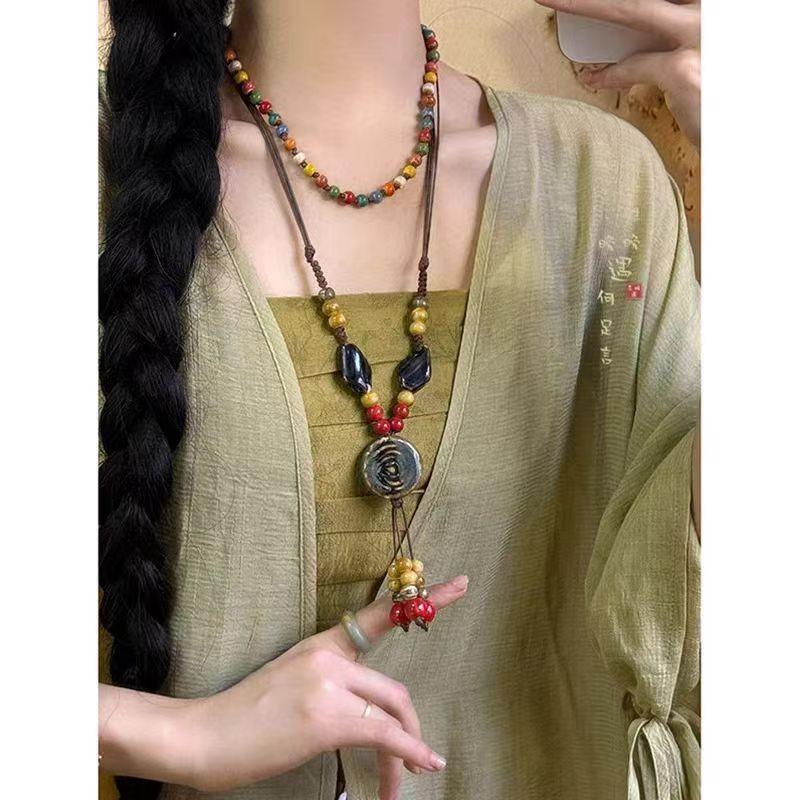 New Chinese ethnic style retro bohemian Jingdezhen ceramic braided rope necklace high-end female Zen accessories