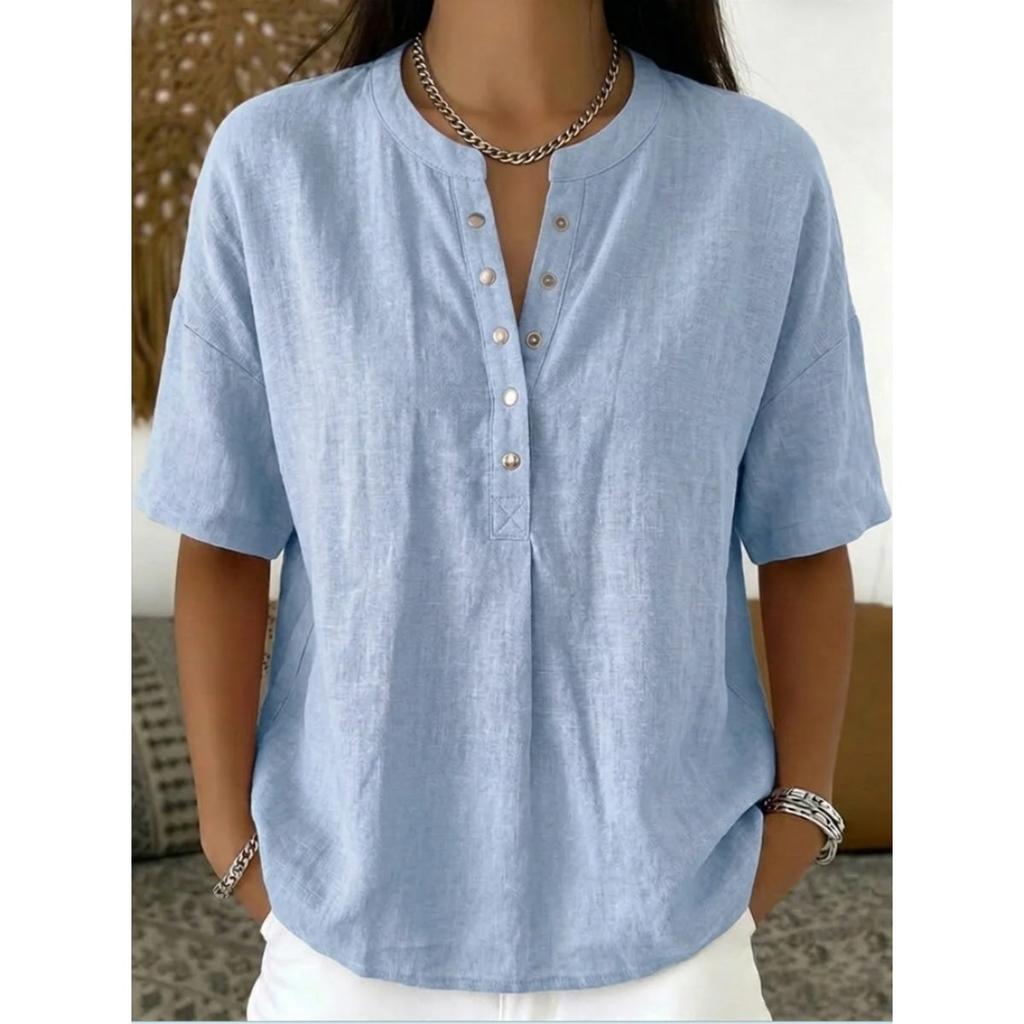 Women's Linen Blend Henley Neck Short Sleeve Casual Shirt