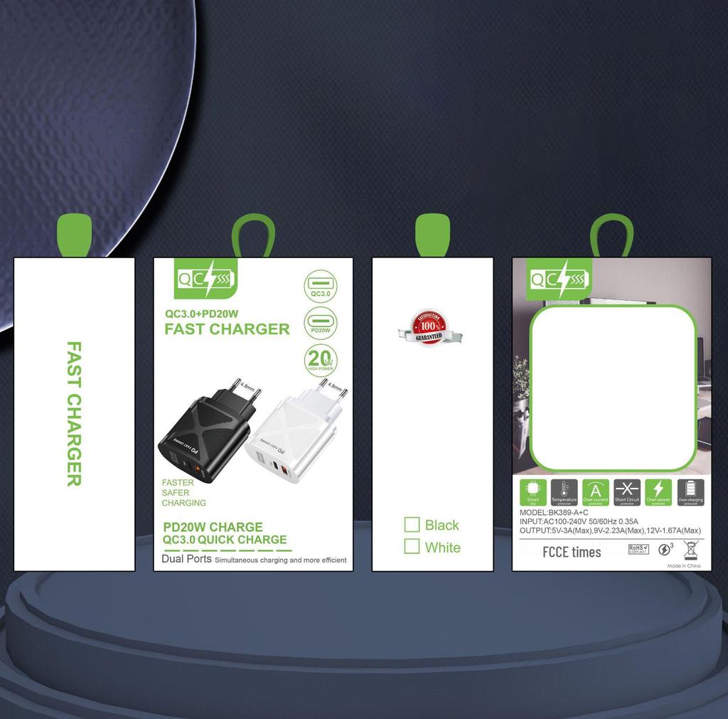 USB Travel Charger 5V/9V/12V with PD20W & QC3.0 Fast Charging - US/EU/UK Standard