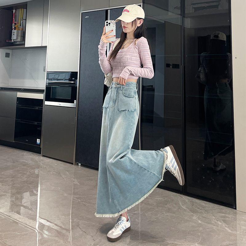 Retro High-waisted New Denim Skirt for Women Mid-length Slim Fur Edge A-line Versatile Fishtail Hip-padded Skirt