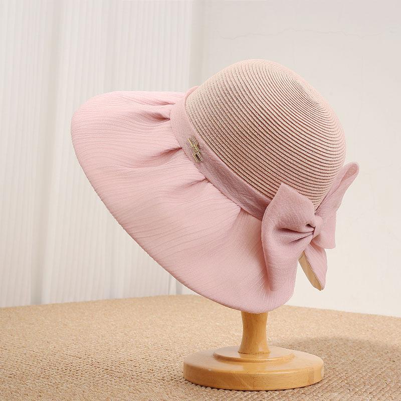 Hepburn style organza bow straw hat women's beach hat French retro big-brimmed bucket hat foldable sun hat