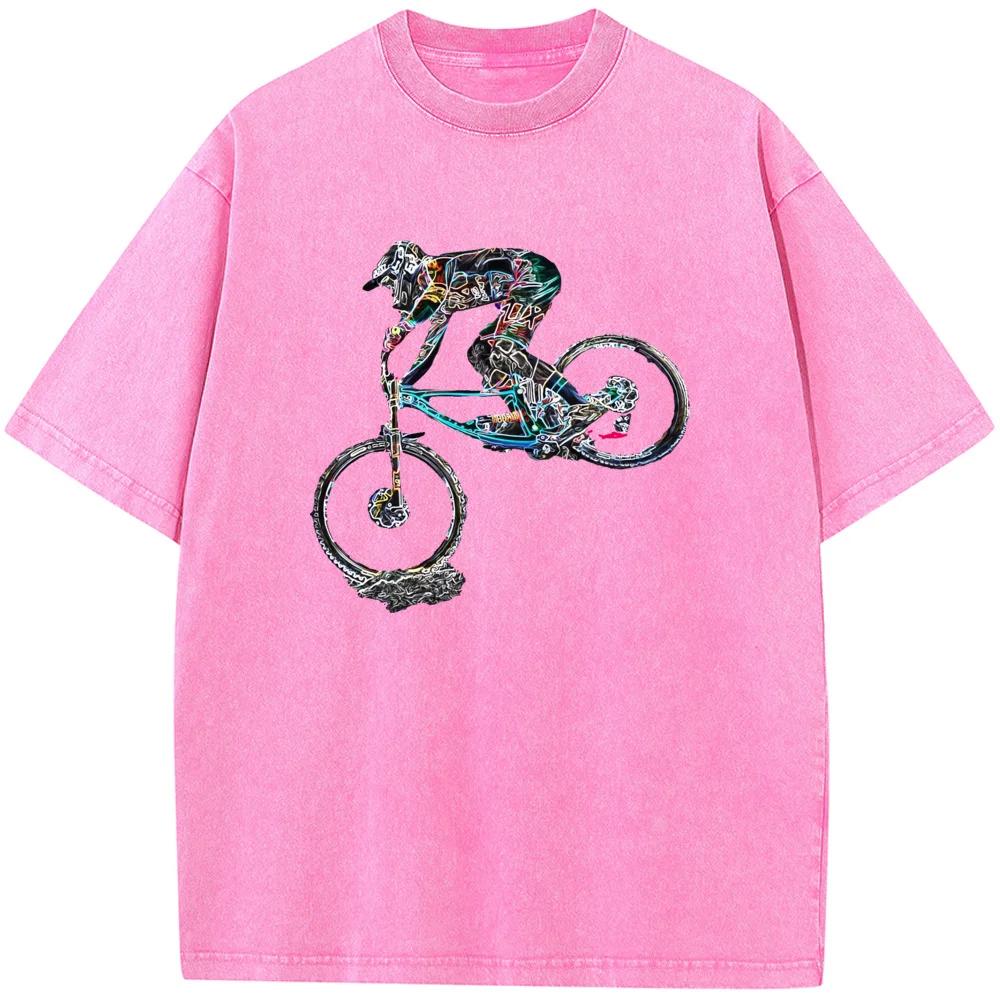 Colorful Mountain Bike Print Short-Sleeved Shirt Cotton O-Neck Washed T-Shirt Novelty Casual Loose Bleach T Shirt