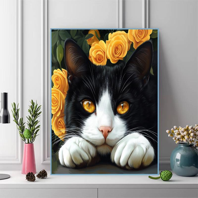 Tuxedo cat and flowers Pattern 3pcs 100% Round Full Drill 5D DIY Diamond Painting Embroidery Cross Stitch Rhinestone Décor