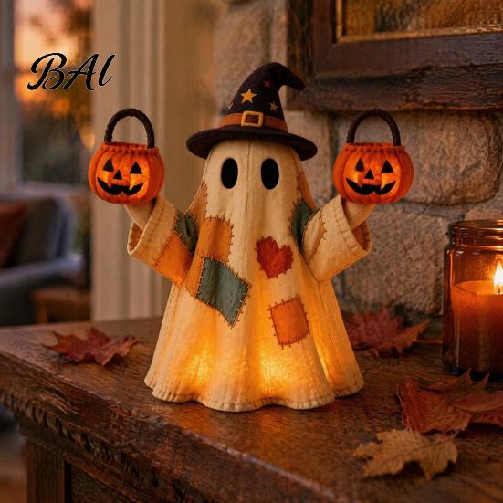 Halloween Tabletop Ornaments Lighted Vintage Patchwork Ghost, LED Light Up Ghost with Pumpkin Lantern, Spooky Indoor Party Supplies Cute Decor