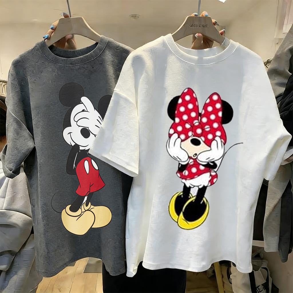Disney Mickey Minnie Cartoon Print T Shirt Couple Summer Cotton Man Women Short Sleeve Casual Top Streetwear Graphic Tee Vintage