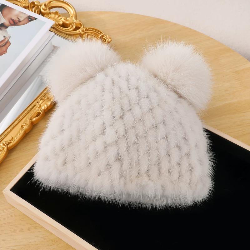 New Mink Hair Hat Warm Woven Wool Fox Hair Ball Cute Mickey Hat Fur Milliner Autumn and Winter