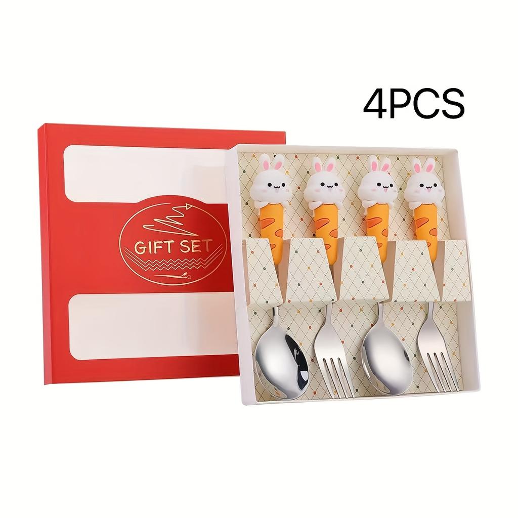 4pcs Cute Rabbit Gift Stainless Steel Spoon Fork Cutlery Set with Adorable Cartoon Bunny Figurine Gift Box