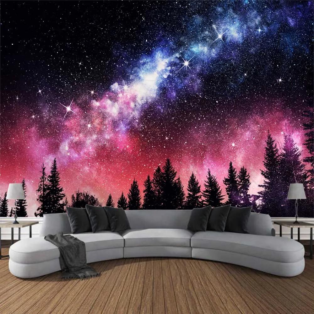 Home Decor Galaxy Starry Sky Wall Hanging Tapestry Space Fantasy Night Sky Forest Landscape Printed Thin Cloth Blanket
