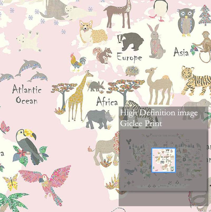 Poster de artă de perete pentru creșă, hartă a lumii animale, pictură pe pânză de desene animate pentru dormitor pentru copii, imagini scandinave, decor pentru cameră de copii