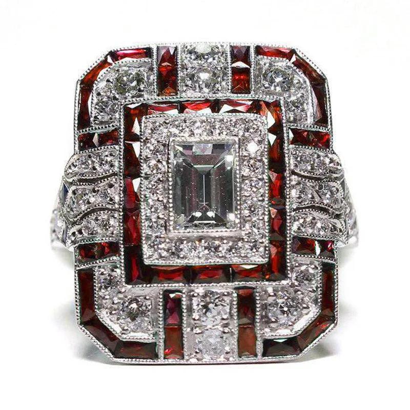 Milangirl Vintage Luxury Ethnic Red Green Purple Square Artificial Zircon Ring for Women Girls Party Jewelry S Bijoux