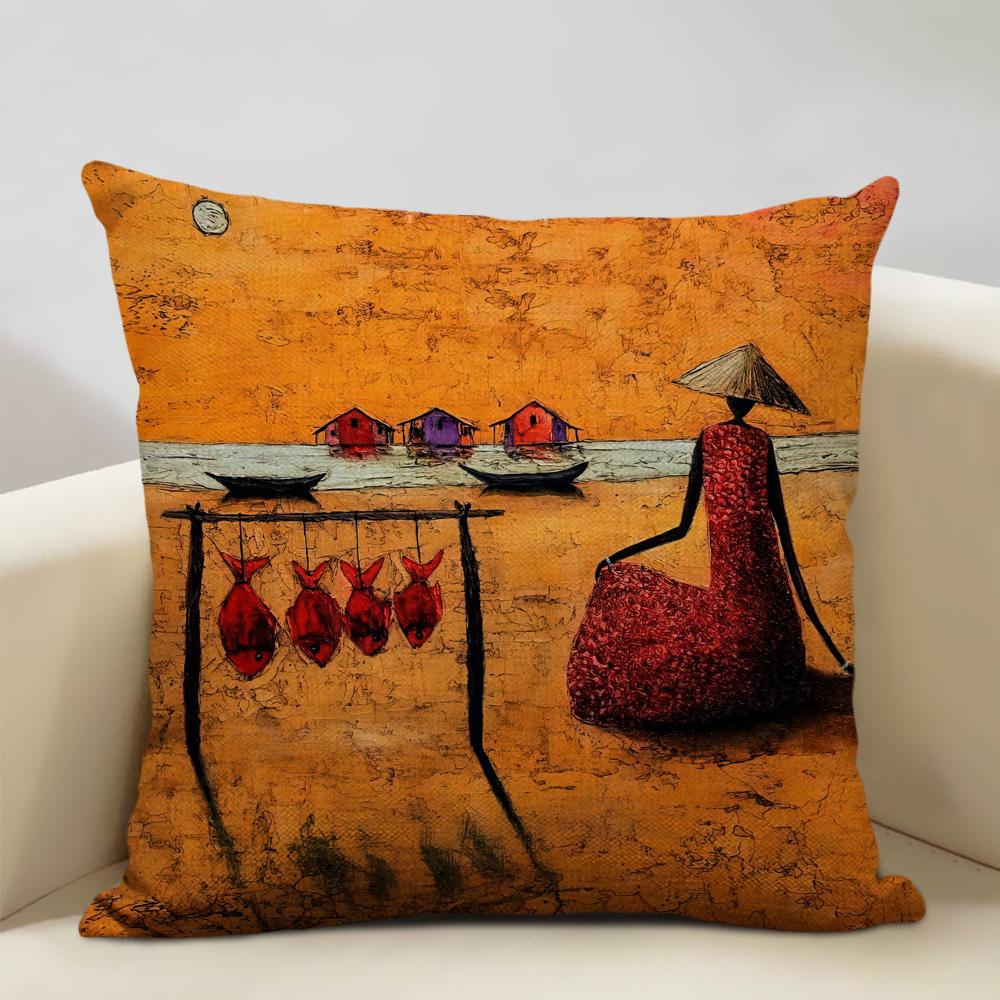 Portrait Oil Painting Cushion Cover African National Style Living Room Sofa Art Decoration Pillow Bedding 45x45cm Cover Pillows