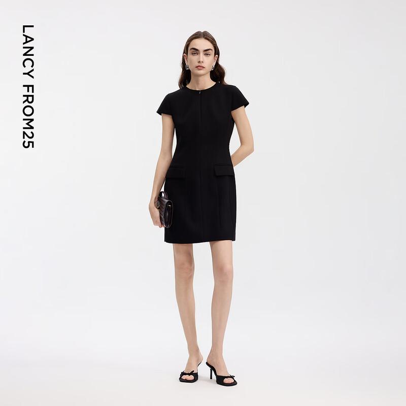LANCY Acetate Blend Round Neck Waist-Cinching Dress