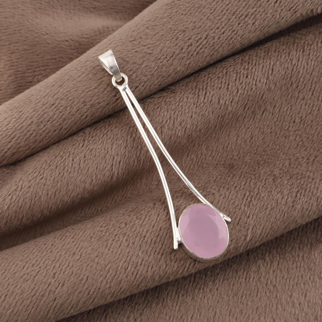 Rose Chalcedony Gemstone 925 Sterling Silver Partywear Jewelry Handmade Long Pendant 1.79" PP-69-14