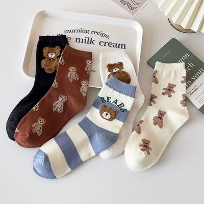 Little Bear Socks Women's Mid-calf Socks Trendy, Cute and Sweet Cartoon Long Calf Socks for Spring, Autumn and Winter