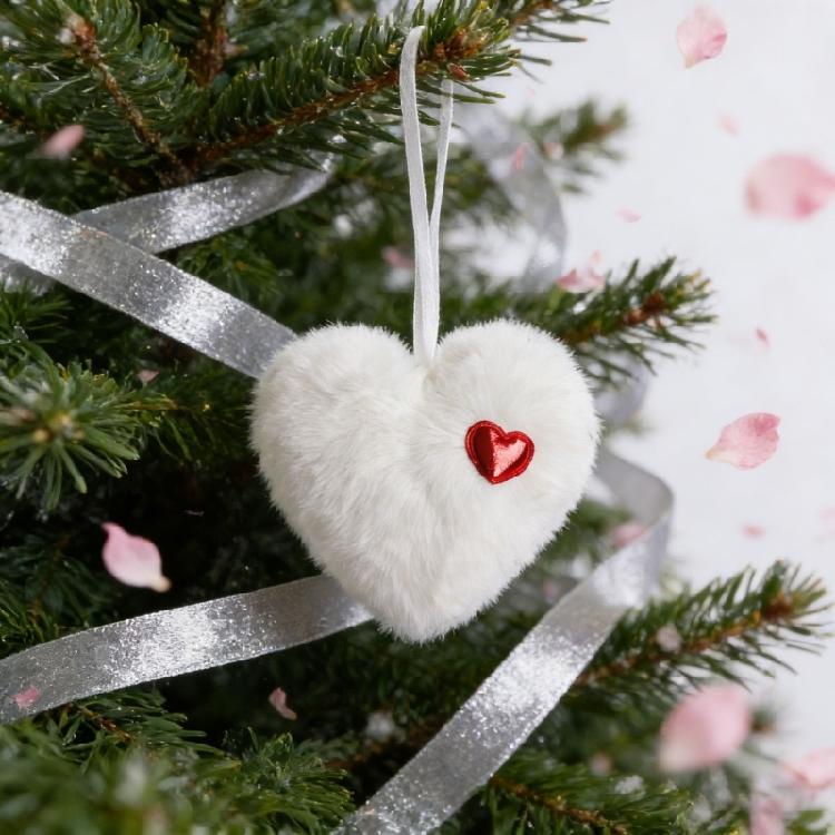 Festival Rabbit Hair Ball Heart Ornament Feature Ribbon Hanging Adornment For Holiday Party And Home Decors Accent