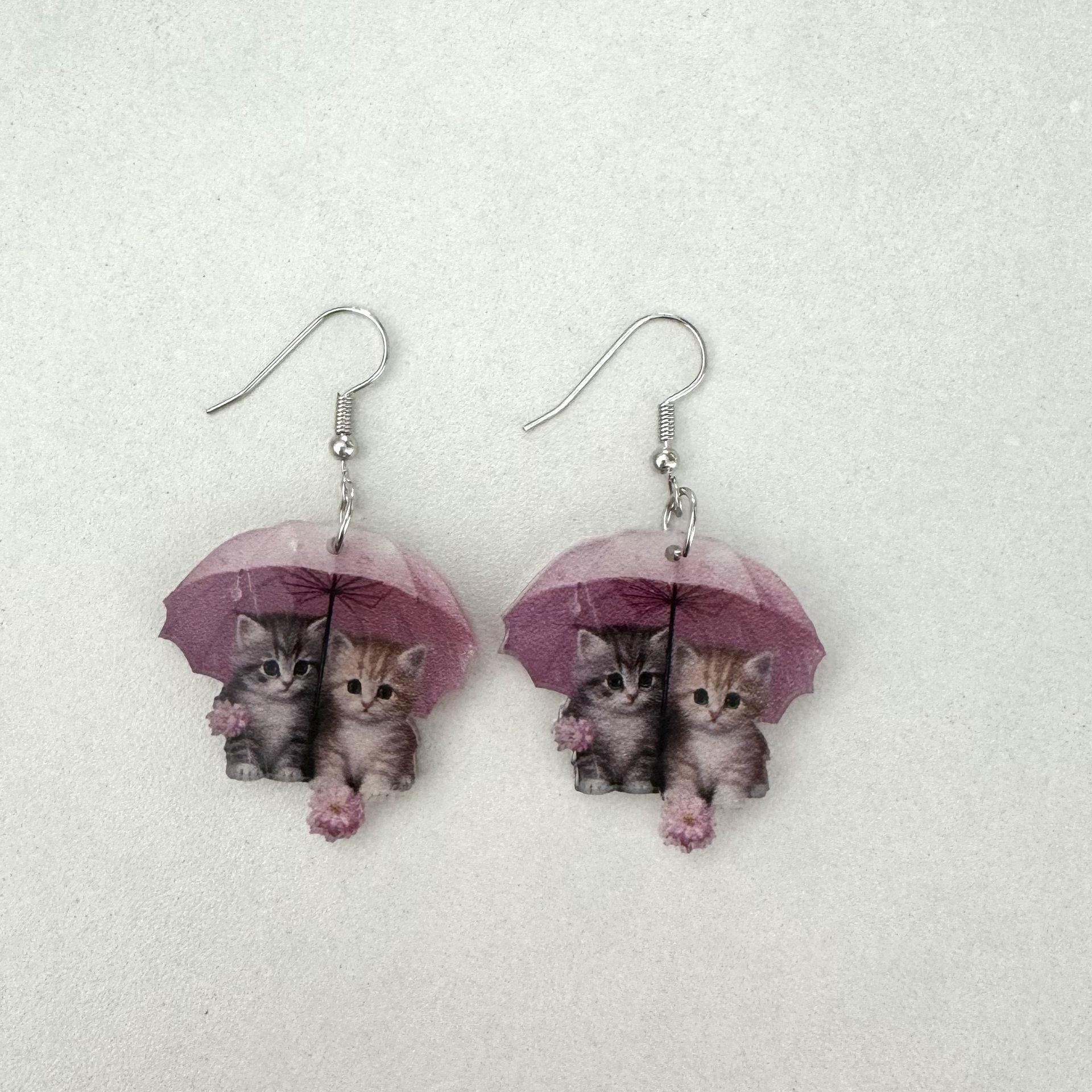 

Acrylic 2D Calico Cat & Pink Umbrella Earrings - Thanksgiving Women s Dangle Jewelry, Christmas Gift.