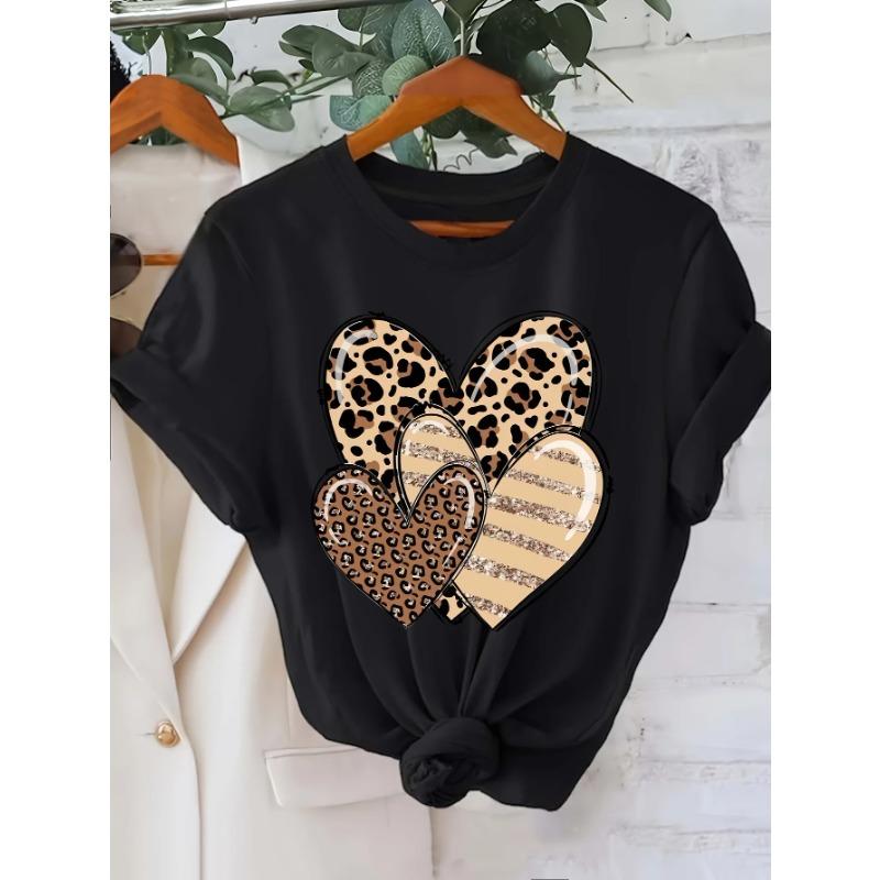 Summer Round Neck 3D Leopard Print Heart Print Top Fashionable Casual Short Sleeved Women's T-shirts