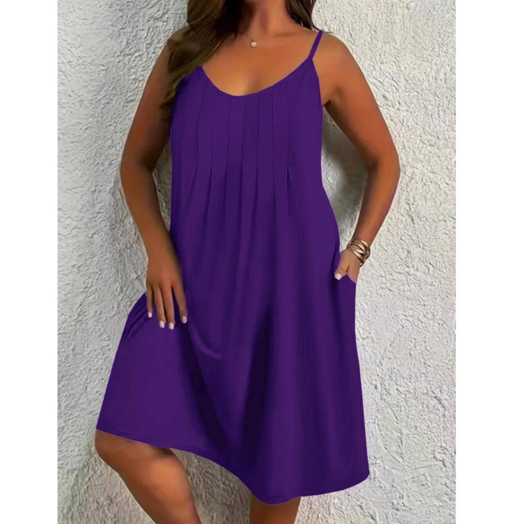 Women's Plus Size Casual Color Round Neck Sleeveless Pleated Camisole With Pocket Dress
