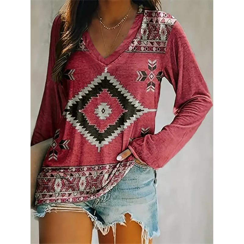 Women's Elegant V-neck Diamond Ethnic Print Long Sleeve T-shirt Soft Polyester Perfect for Autumn and Winter Casual Wear Tops