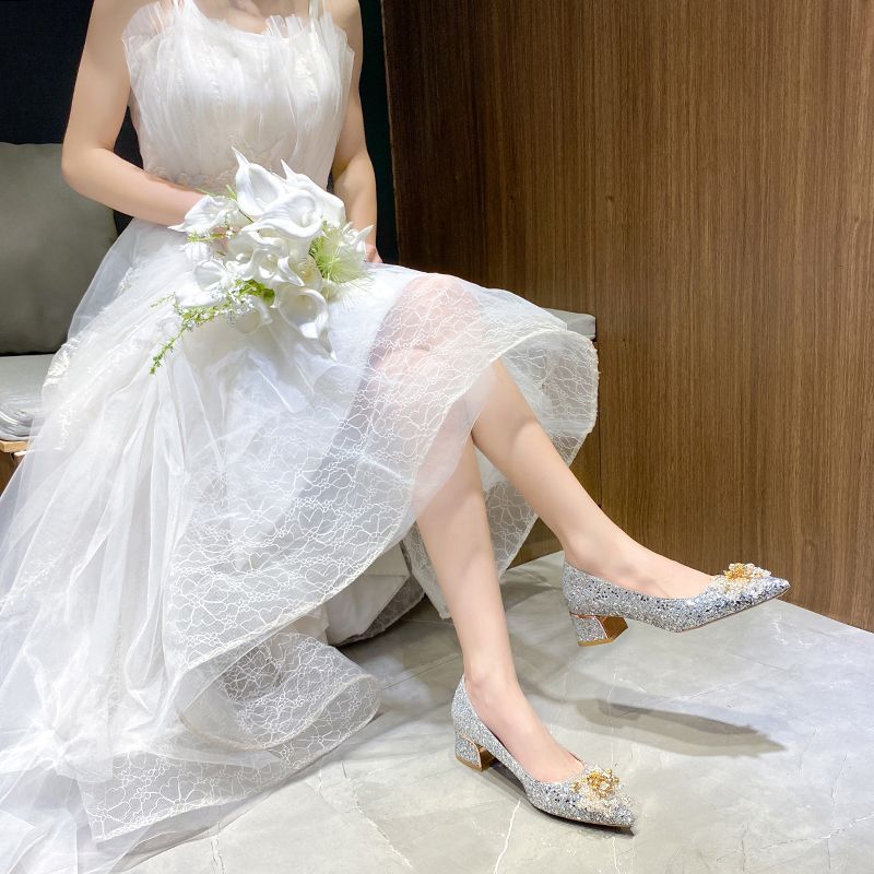 Engagement shoes, two wedding dresses, thick heels are not tired, daily single shoes can be worn 2025 new French bridal shoes, wedding shoes for women