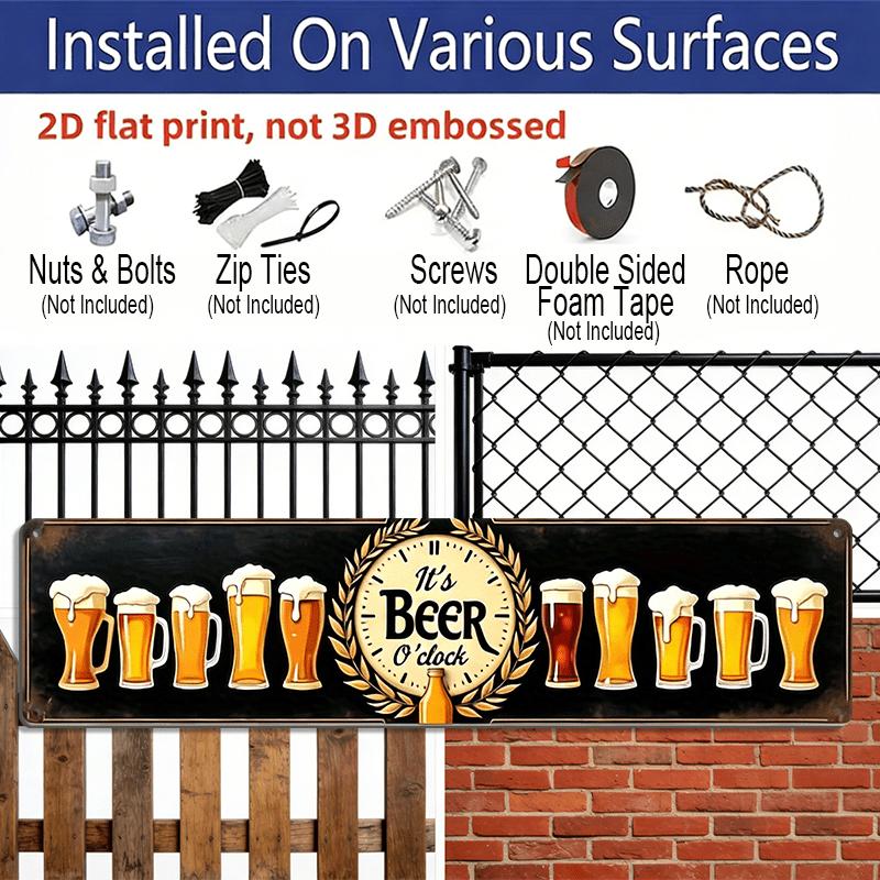 2D Flat, Rustic "It'S Beer O'Clock" Metal Wall Decor - Vintage Pub Sign with Beer Illustrations Alumium Decorative Sign, 3.93X15.74inch, Durable