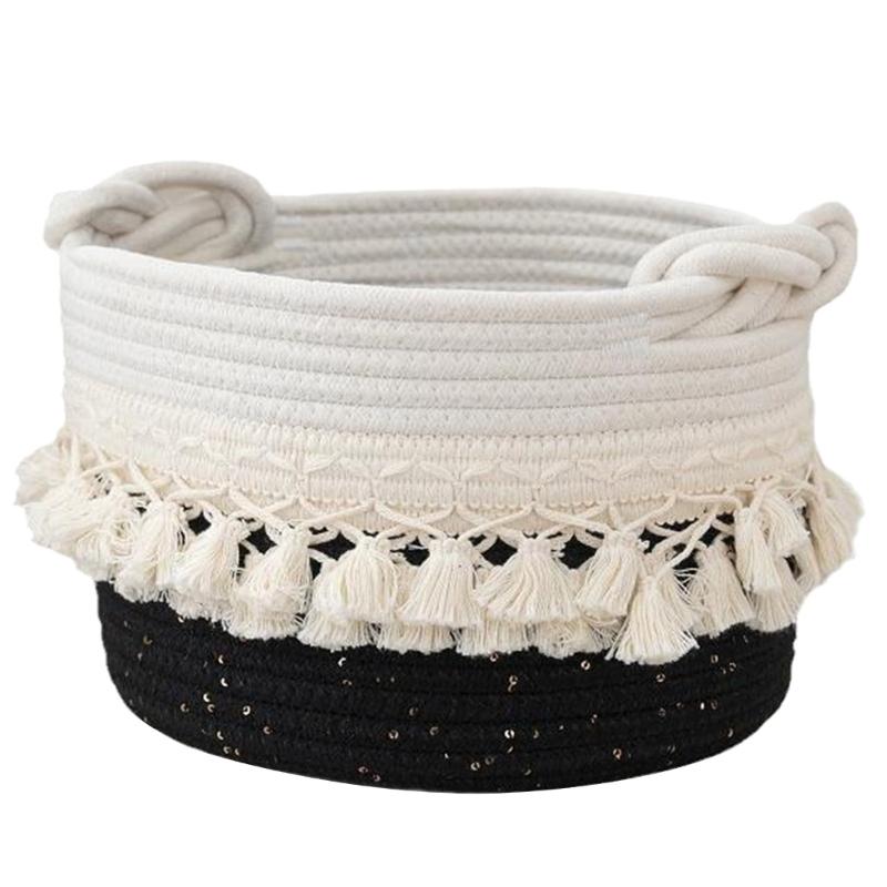 Stylish Cotton Rope Woven Storage Basket Contemporary Tassels Cotton Rope Basket Practical and Soft Storage Container