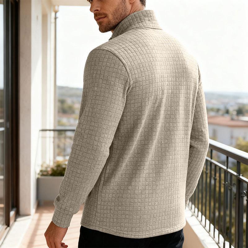 Solid-colour Half-zip Turtleneck Jumper with Small Check Jacquard Pattern