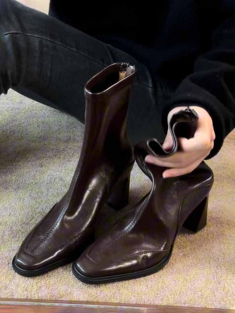 

Cowhide version~ French square head temperament high heel thin boots women s British style leather retro rear zipper elastic short boots 40