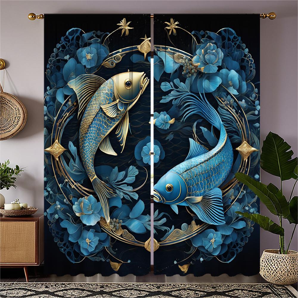 

Piece Set High Definition Digital Printed Curtainbluegoldfishfloralpatternsrodcurtainhome Decoration Style Curtain Polyester W100*H70(CM)-Hooks&1PCS