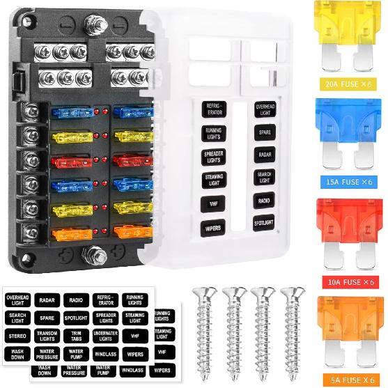 6 Way 12V Fuse Box Blade with LED Indicator Damp-Proof Cover - Individual Positive Fuse Holder with Ground Bus Holder for 12V/24V Vehicle Car Boat