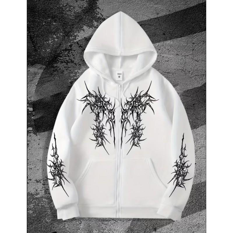 Gotický Kříž Sanskrtský Potisk Volná Mikina na Zip Pánská Ležérní Streetwear