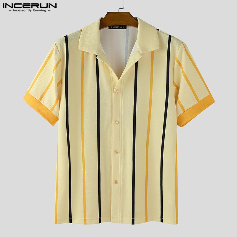 INCERUN Oversized Men Short Sleeve Striped Print Buttons Casual Loose Shirts Tops
