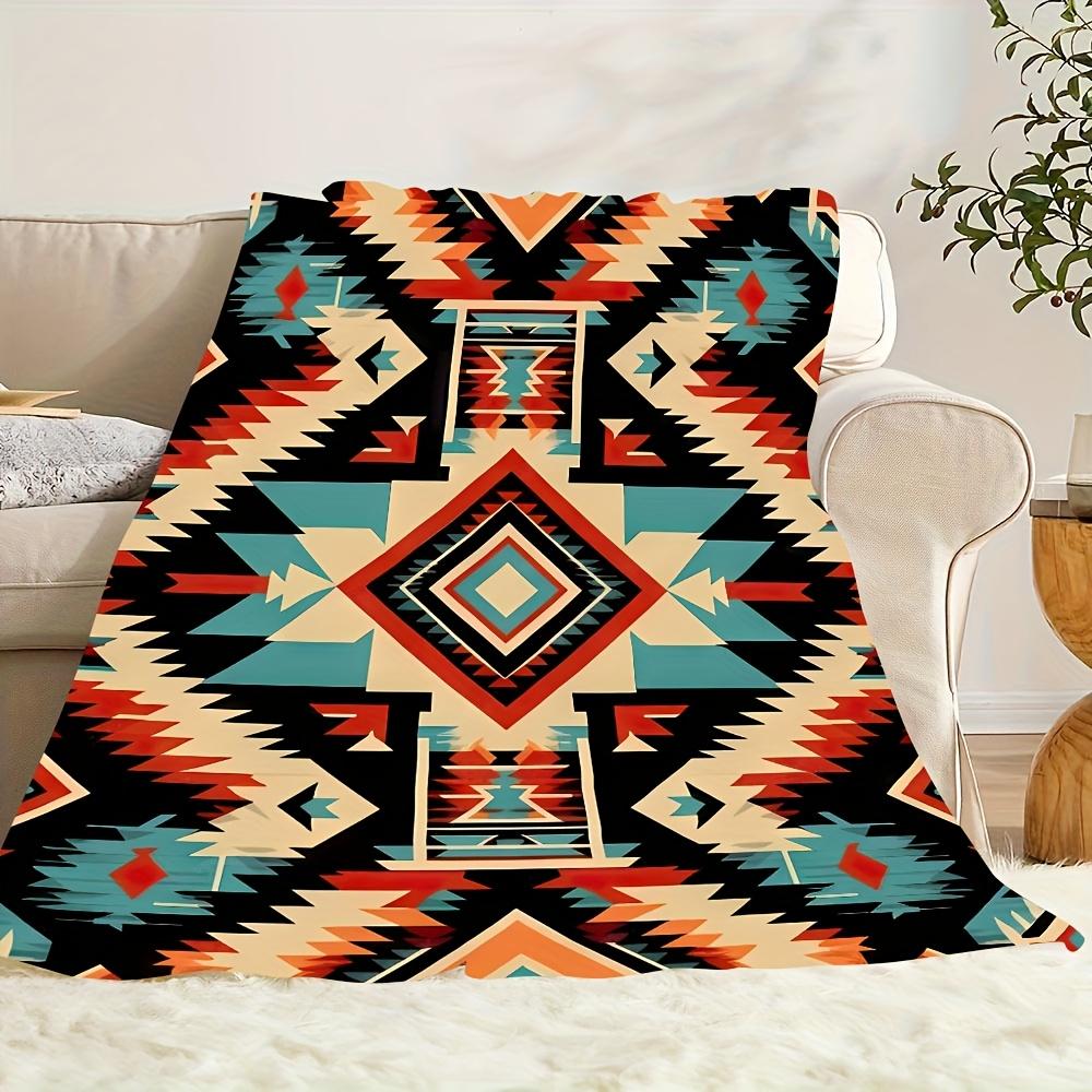 Bohemian Style Geometric Flannel Blanket – Soft, Warm, and Vibrant Aztec-Inspired Design in Orange, Red, Black, and White