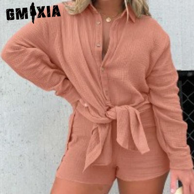 GMXIA Women's Wrinkled Fabric Long Sleeve Shirt High Waist Shorts Fashion Casual Two Piece Set