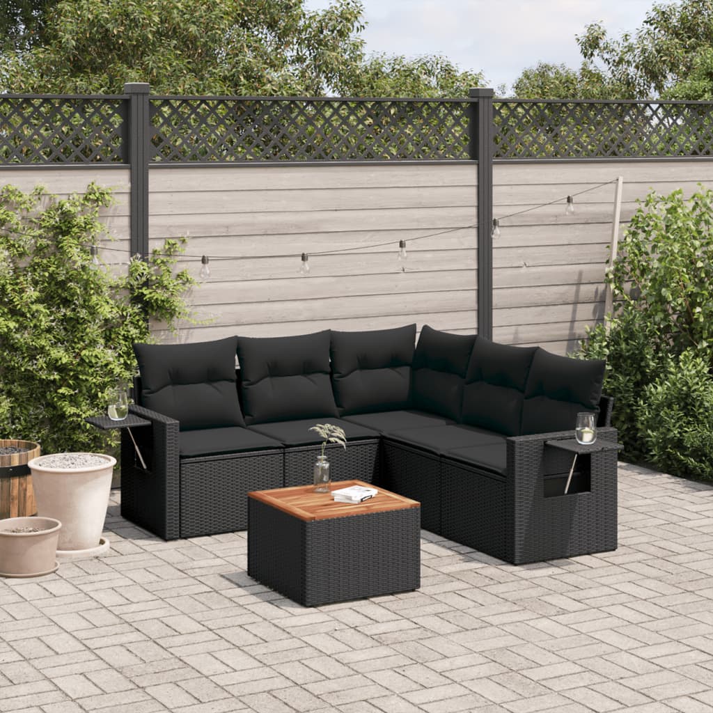 Vidaxl 6-Cz. Garden Furniture Set With Cushions, Black Poly Rattan