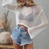 Summer New Knitted Sweater Horn Sleeves Loose Round Neck Hollow Sweater Women